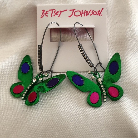 Betsey Johnson Hematite Tone Green Metallic Butterfly Drop Earrings NWT - Picture 6 of 10